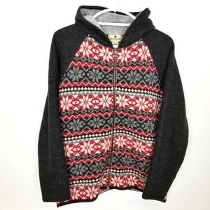 Woolrich Women Fair Isle Snow Full Zip Wool Sweater Hooded Sz M Black Red Cream